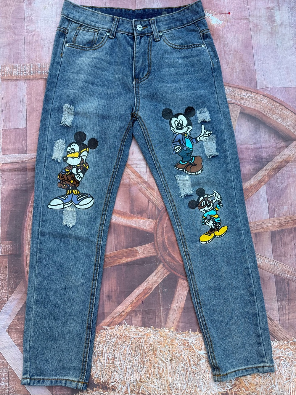 Blue Distressed Denim Jeans with Character Patch Details